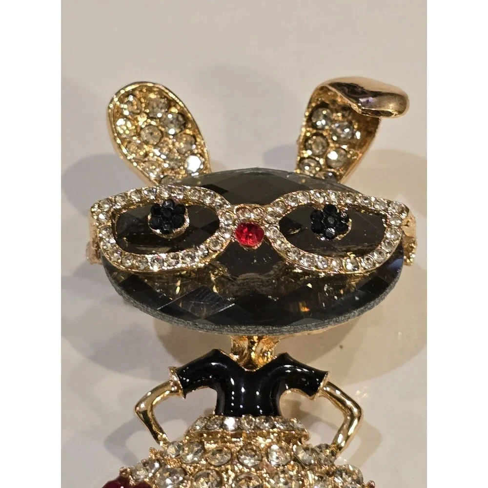 Rhinestone Bunny Rabbit Brooch Sunglasses Red Dress Gold Tone Cute Animal Pin